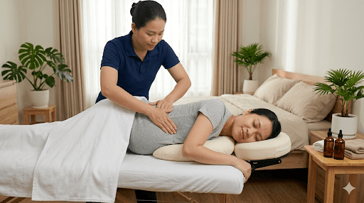 Kỹ thuật viên thực hiện động tác xoa miết nhẹ nhàng vùng lưng cho mẹ bầu nằm nghiêng