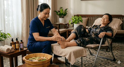 Kỹ thuật viên dùng khớp ngón tay ấn sâu vào vùng phản xạ lòng bàn chân đả thông kinh lạc